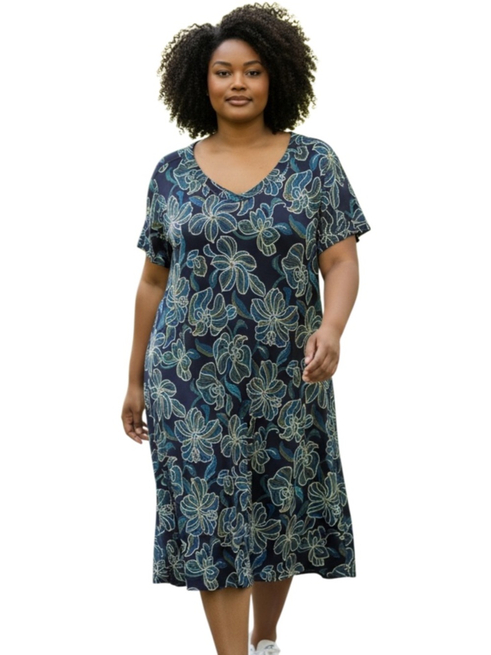Cardolite Women’s Navy Floral V-Neck Maxi Dress with Teal Accents